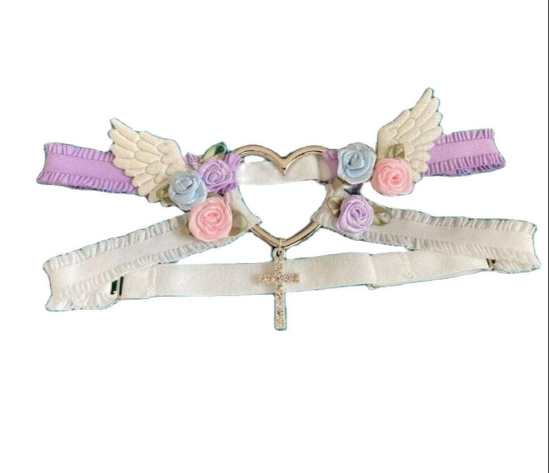 Angelic Rosebud Garter Belts - Purple & White Angel - angel wings, flowers, garter, garter