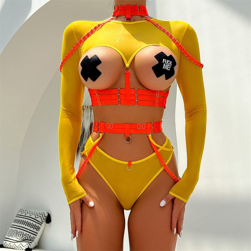 Hot n Heavy Mesh Set - Yellow / S - harness set, harnesses, lingerie, lingerie nipple