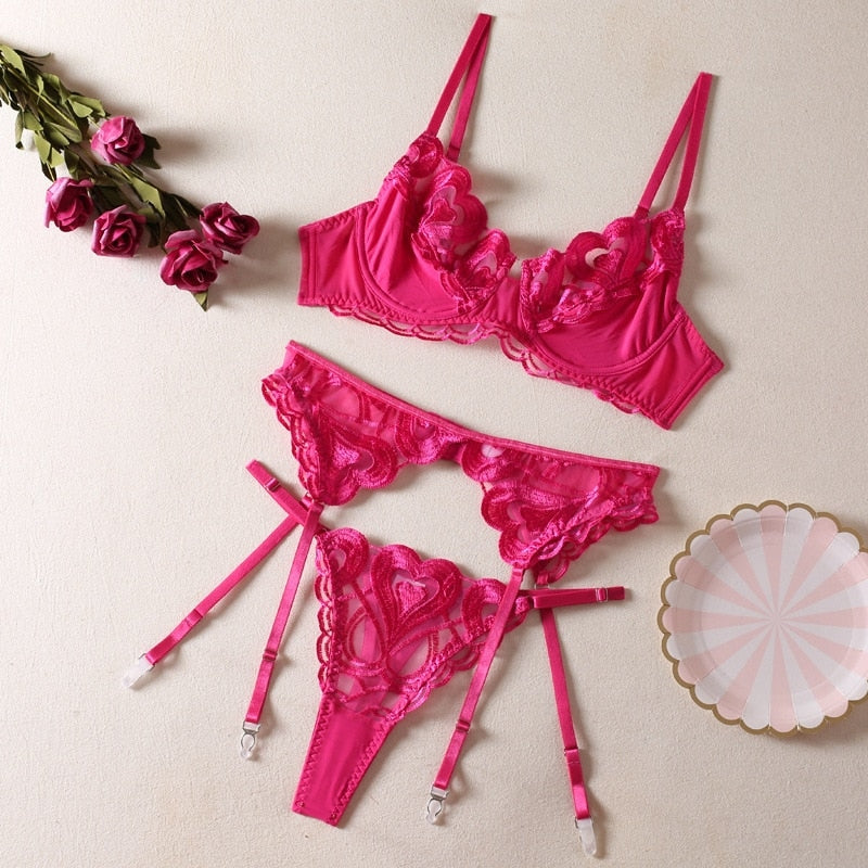 Lovecore Lingerie Set - Rose Red / S - bra, bra and panties, brasier, heart lingerie,