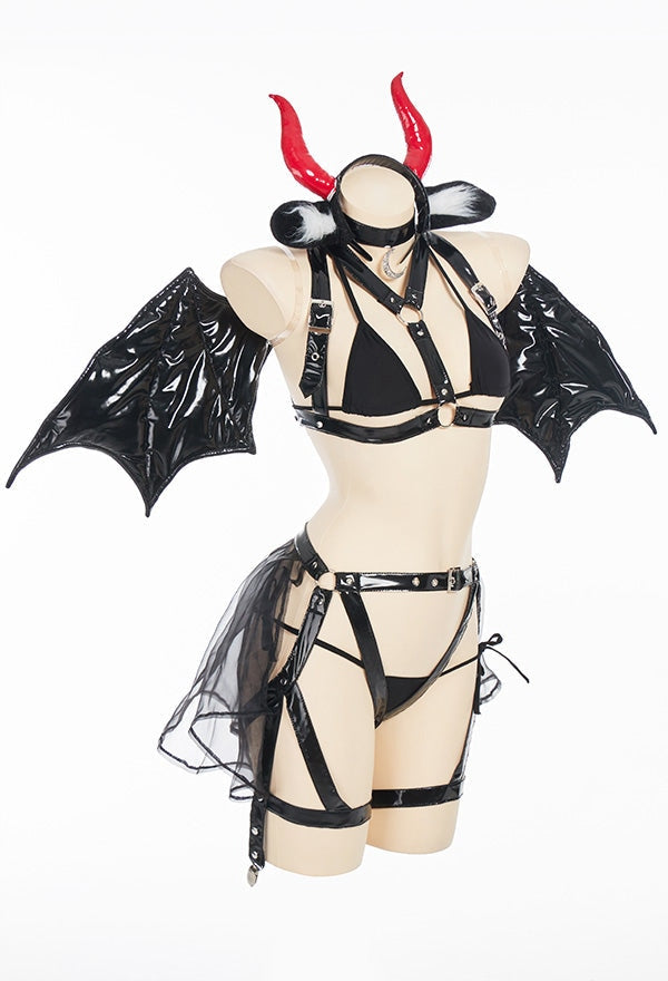 Succubus Devil Latex Cosplay Set - black latex, lingerie, panties, underwear