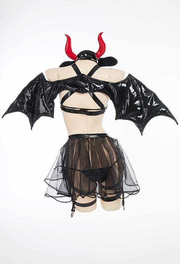 Succubus Devil Latex Cosplay Set - black latex, lingerie, panties, underwear