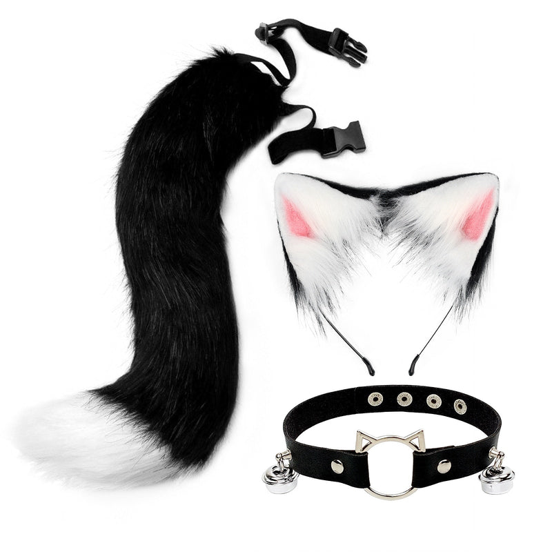 Sly Fox Tail Ear & Collar Set - Black White - cat ears, tail, fox, fox tail