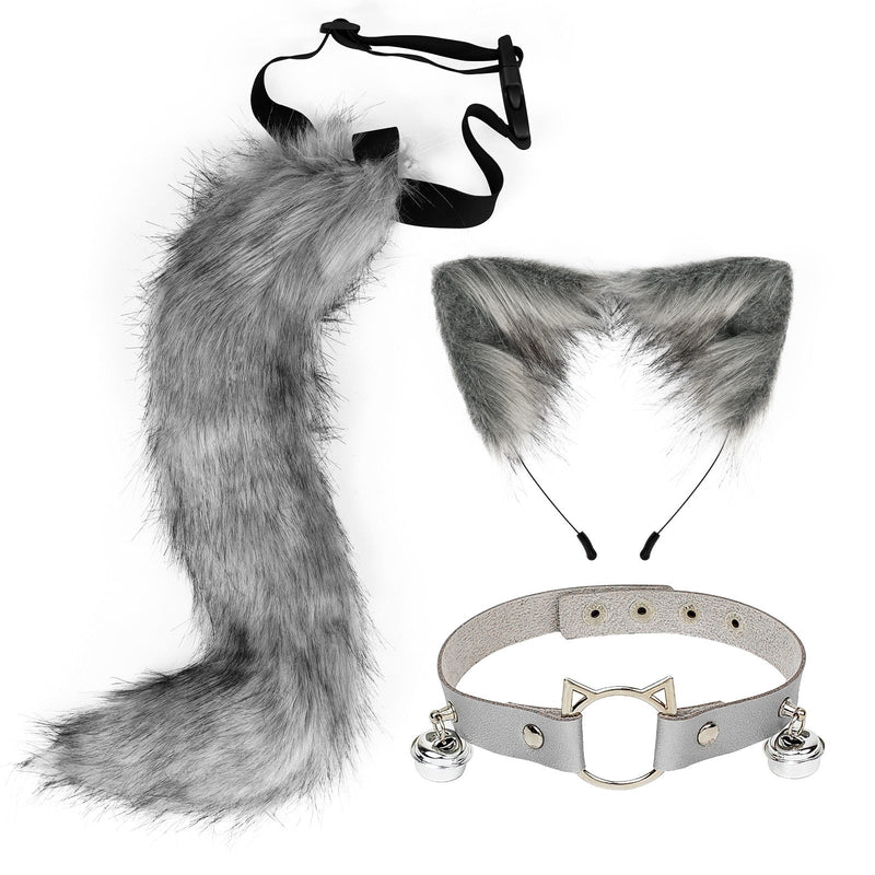 Sly Fox Tail Ear & Collar Set - Bushy Grey - cat ears, tail, fox, fox tail