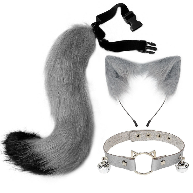 Sly Fox Tail Ear & Collar Set - Grey Black - cat ears, tail, fox, fox tail