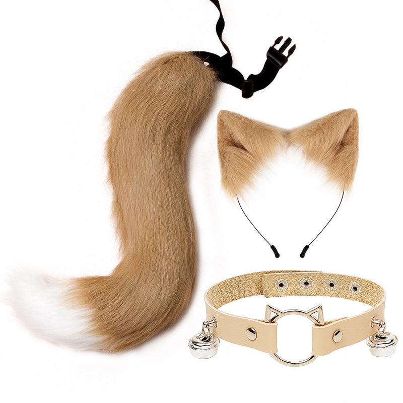 Sly Fox Tail Ear & Collar Set - Khaki White - cat ears, tail, fox, fox tail