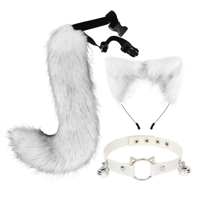Sly Fox Tail Ear & Collar Set - Silver - cat ears, tail, fox, fox tail