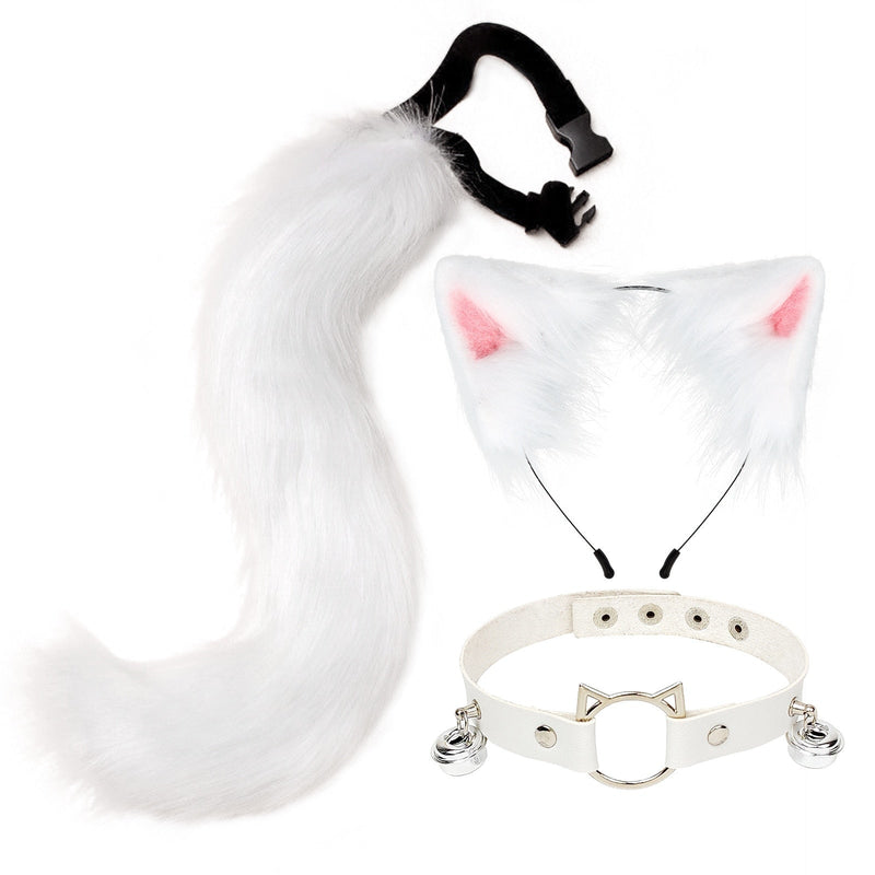 Sly Fox Tail Ear & Collar Set - White - cat ears, tail, fox, fox tail