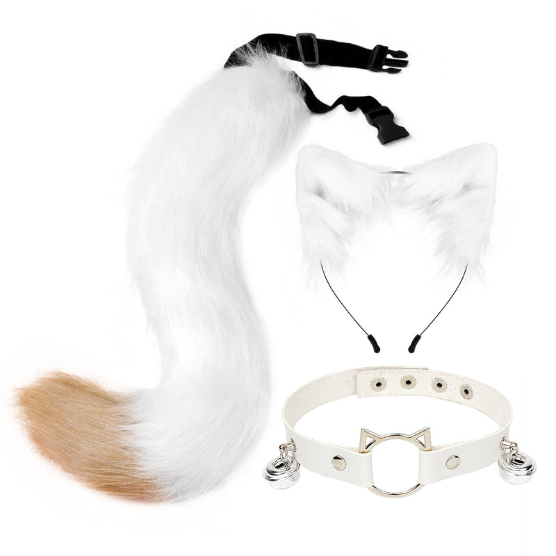 Sly Fox Tail Ear & Collar Set - White Tan - cat ears, tail, fox, fox tail