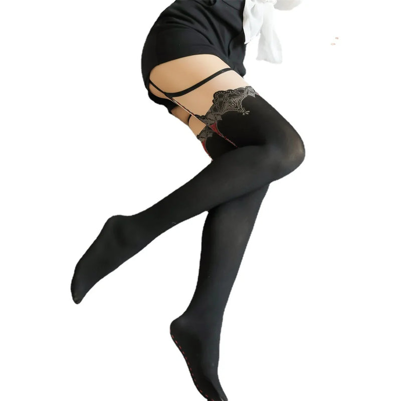 Victorian Garter Open Crotch Pantyhose - Black / For 40-70kg - goth, gothic, nylons,