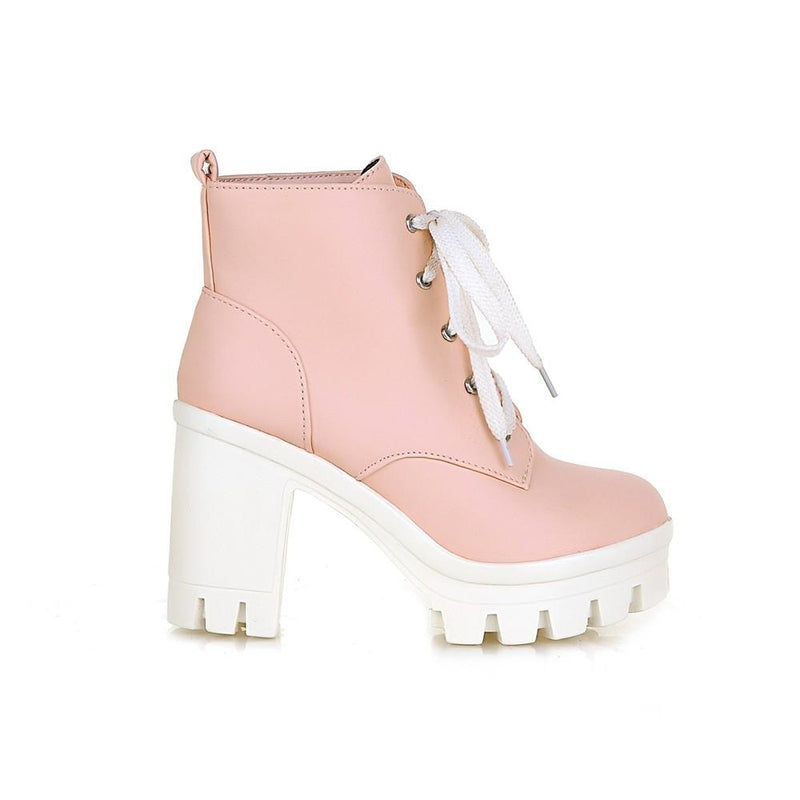 Pink Babydoll Square Heel Ankle Boots Block Heeled Booties Vegan Leather Little Space CGL Fetish by DDLG Playground