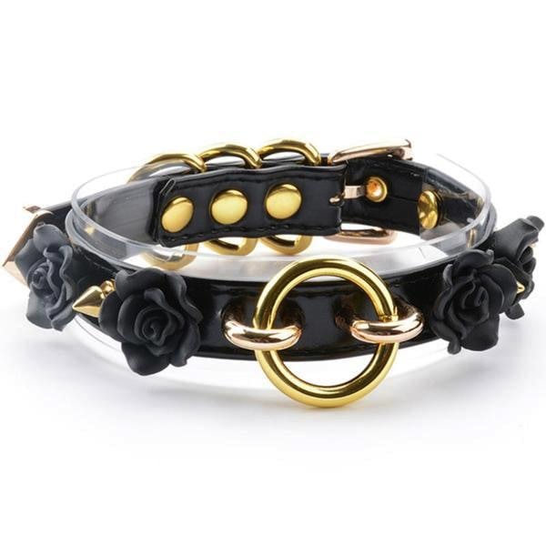 Floral O-ring Collar - Black & Gold - choker