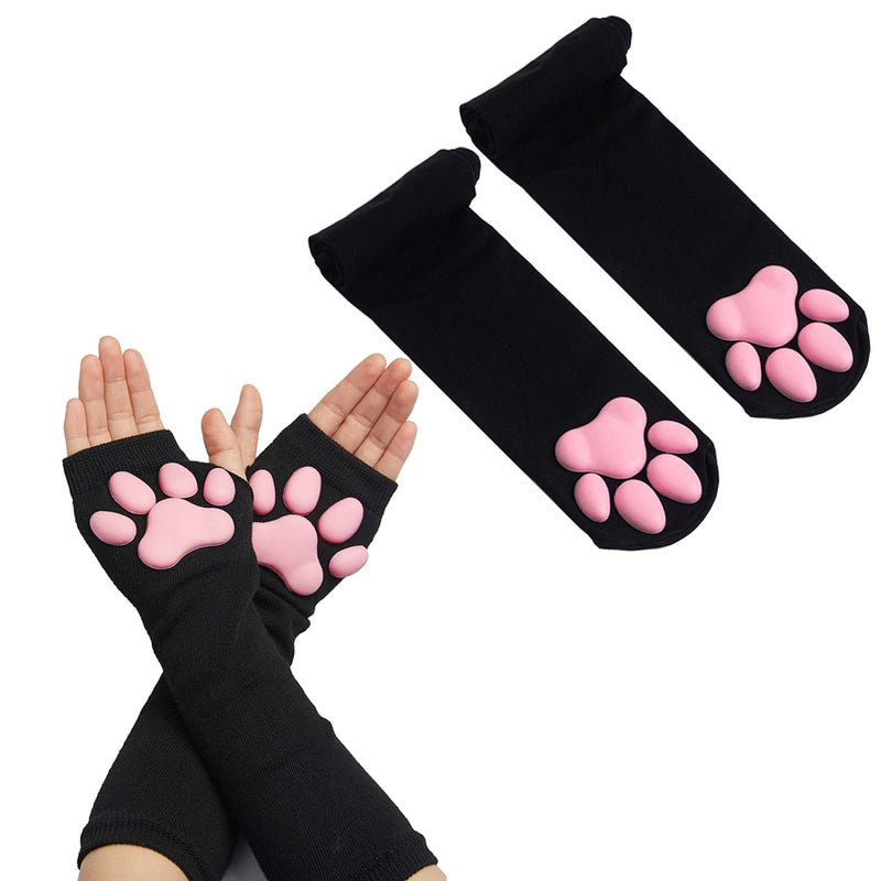 3D Paw Pad Gloves - Long Black & Socks - gloves, mittens, paw, paw pad, prints
