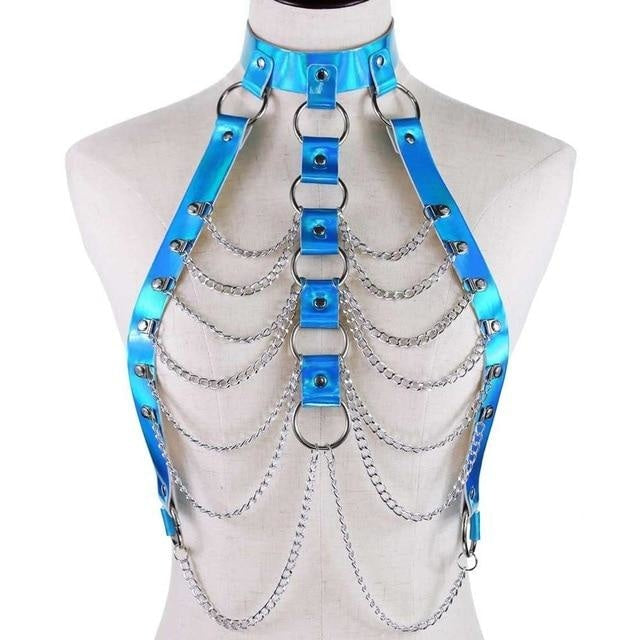 Blue Holographic Chain Body Chest Harness Gothic Shiny