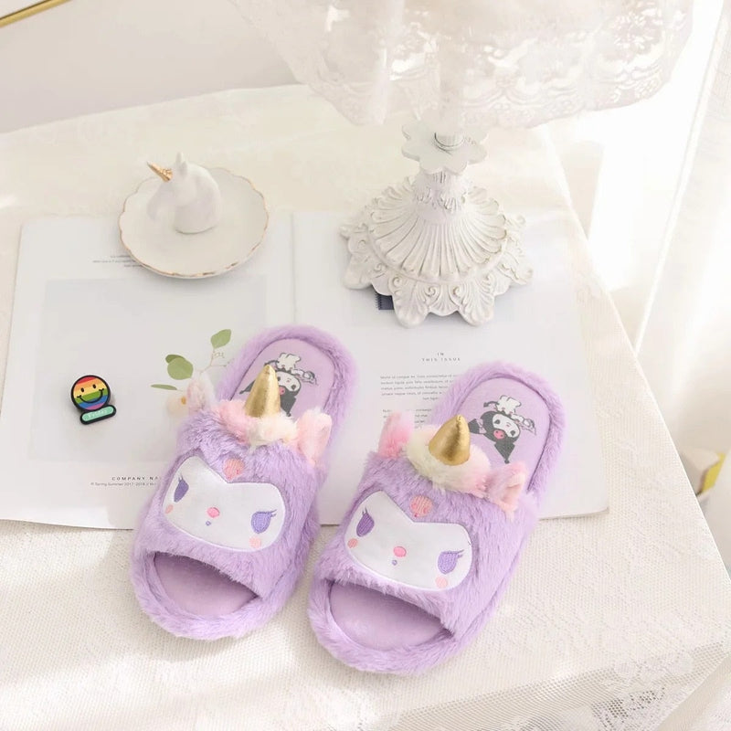Kawaii Unicorn Slippers - Purple Kuromi - cartoon, cinnamoroll, footwear, furry, fuzzy