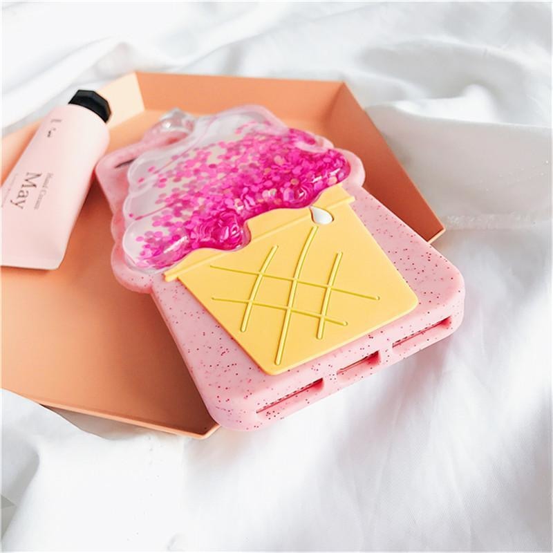 3d pink icecream cone phone case rubber silicone glitter quicksand liquid shimmer iphone case by kawaii babe