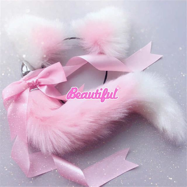 Luxury Neko Tail & Ear Sets - pink & white - petplay
