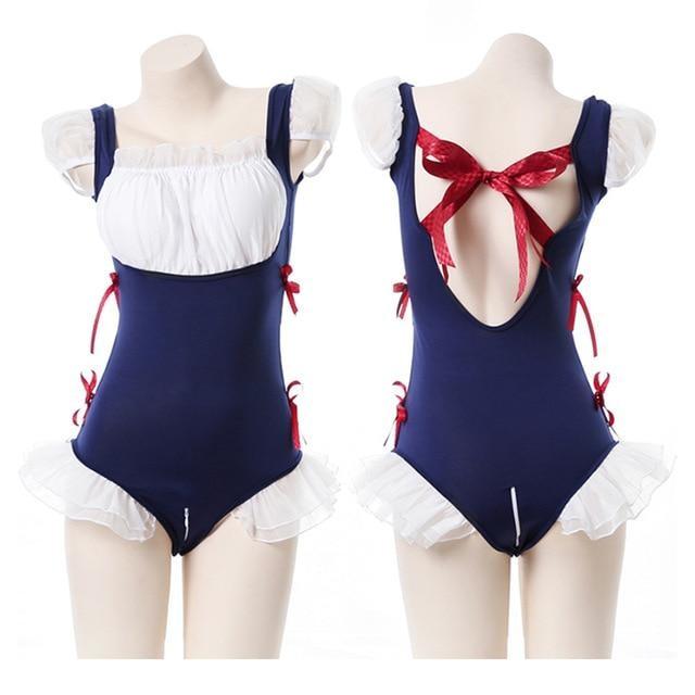 Open-Crotch Maid Onesie - Blue - bodysuit, bodysuits, costume, lingerie, maid cosplay