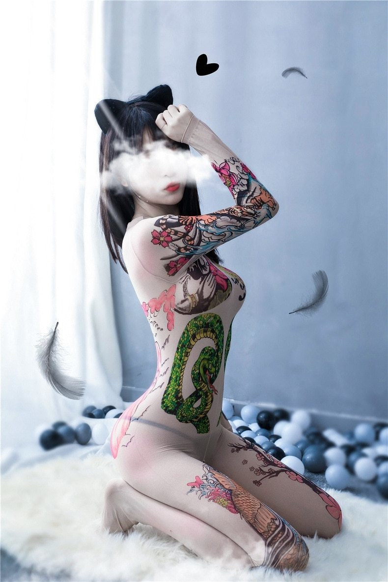 Oriental Tattoo Mesh Bodysuit - asian, bodysuit, bodysuits, cheongsam, chinese