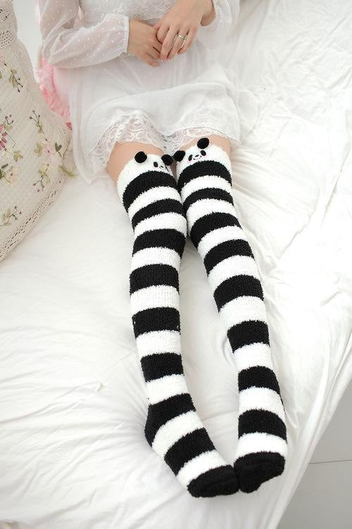 kawaii panda bear thigh high socks stockings knee socks tights furry fuzzy warm animal print striped winter wear