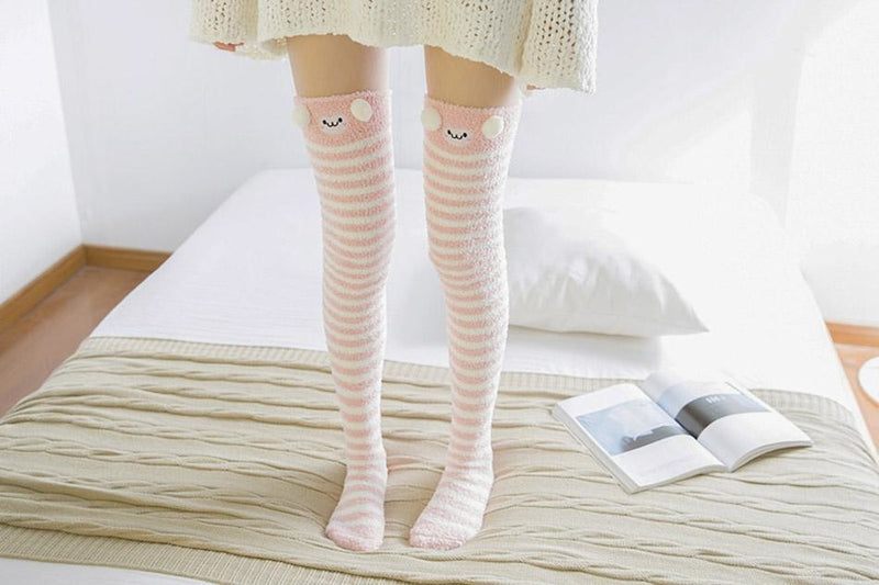 pink monkey plush thigh high socks stockings knee socks tights furry fuzzy warm animal print striped winter wear