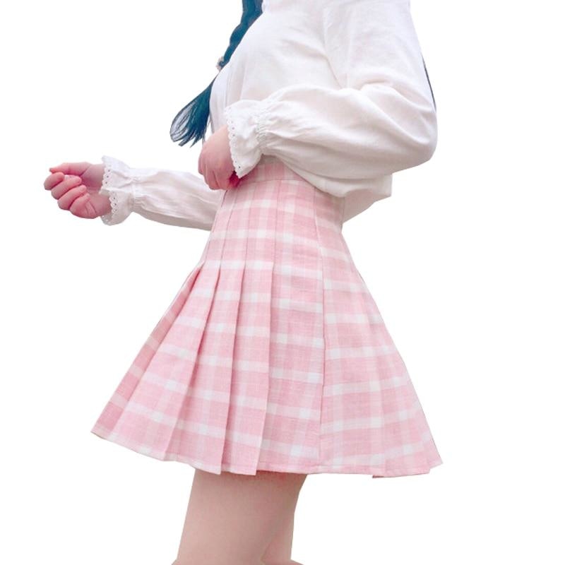 Pink Plaid School Girl Skirt - kawaii, pink plaid, pleat skirt, pleated, pleats
