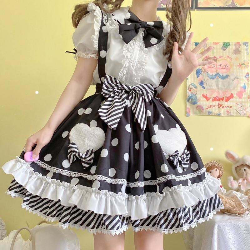 Polkadot Princess Suspender Skirt - Black / M - bottoms, cute, dress, fairy kei, jsk