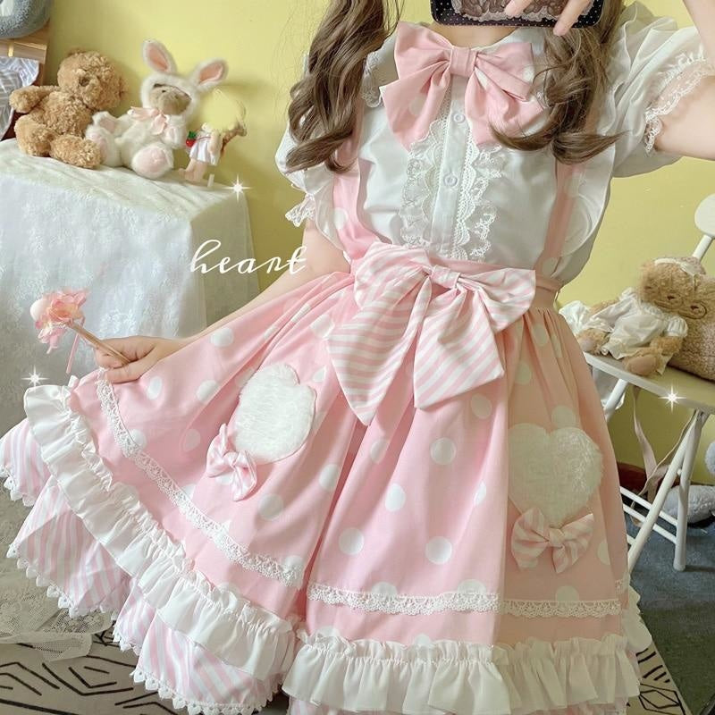 Polkadot Princess Suspender Skirt - Pink / M - bottoms, cute, dress, fairy kei, jsk