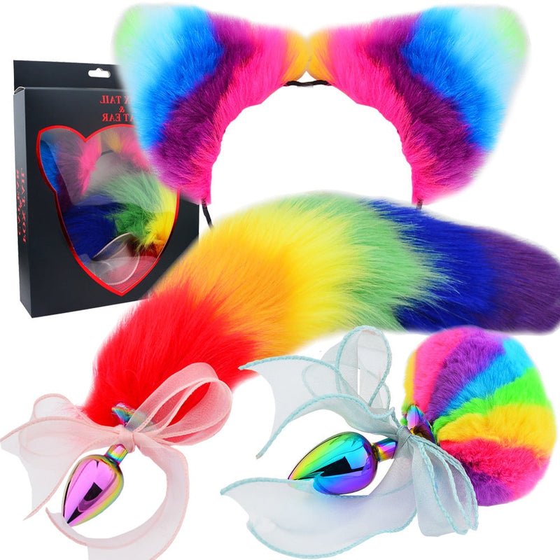 Rainbow Kitten Play & Plug Set - Metal Holographic - anal plug, kinky, pet play, player, plays