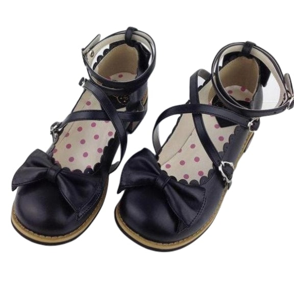 Traditional Black Lolita Shoes School Girl Flats EGL Community Bows And Straps Buckles by DDLG Playground