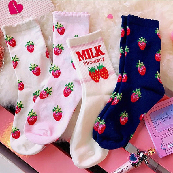 Strawberry Milk Socks - age regression, ankle socks, fruit, harajuku, harajuku backpack