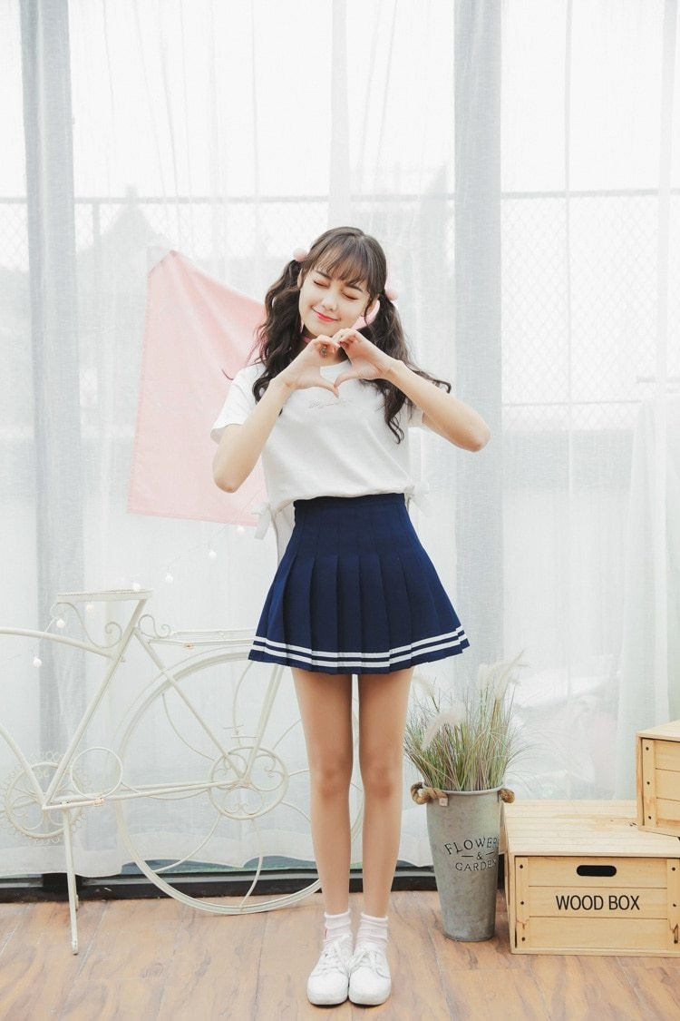 Striped School Girl Tennis Skirt Pleated Blue Cute Kawaii Harajuku Fashion
