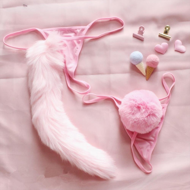 Kawaii Pink Fox Tail Thong Underwear Bunny Rabbit Panties Pet Play Kink Lingerie 
