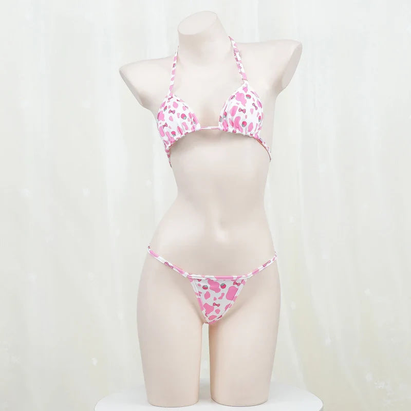 100% Strawberry Cow Lingerie Set - cow, cow print, crop top, moo, pink