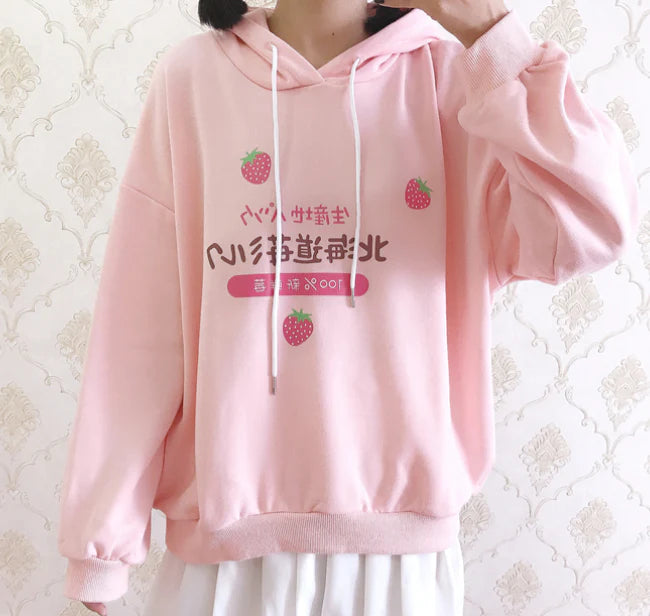 Japanese Strawberry Hoodie - berries, berry, harajuku, hooded, hoodie