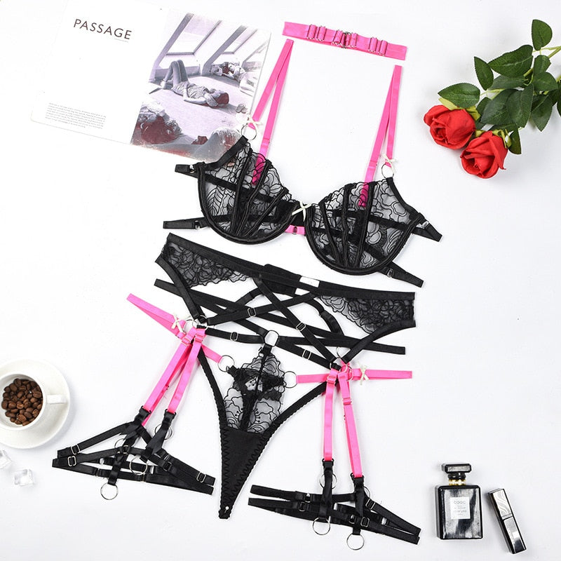Black & Pink Harness Lingerie Set