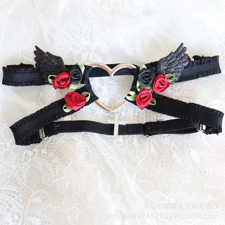 Angelic Rosebud Garter Belts - Black Angel - angel wings, flowers, garter, garter belt,