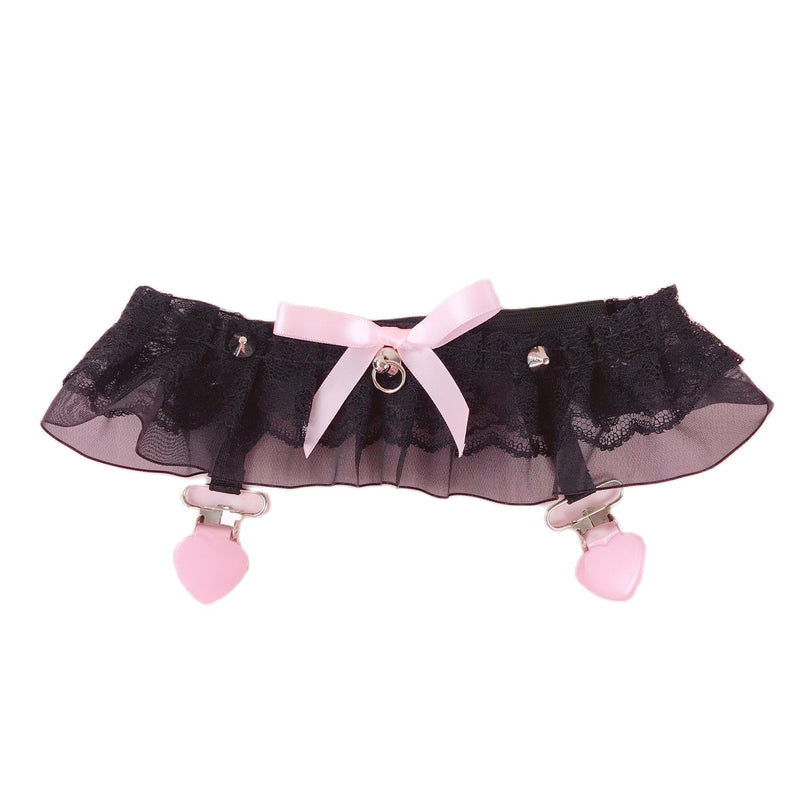 Angelic Rosebud Garter Belts - Black Ruffle - angel wings, flowers, garter, garter belt,