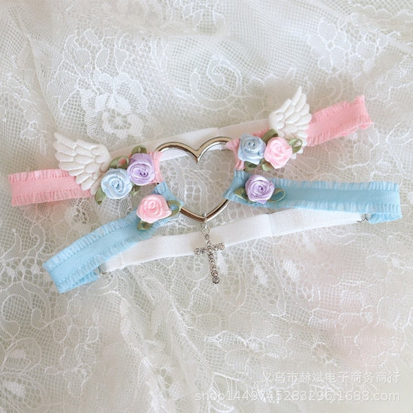 Angelic Rosebud Garter Belts - Blue & Pink Angel - angel wings, flowers, garter, garter