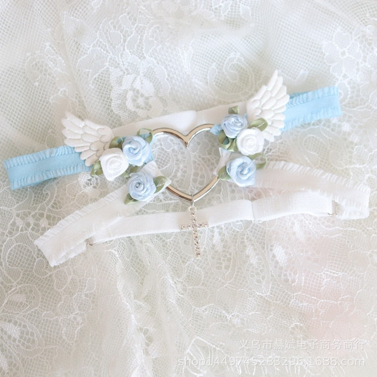 Angelic Rosebud Garter Belts - Blue & White Angel - angel wings, flowers, garter, garter