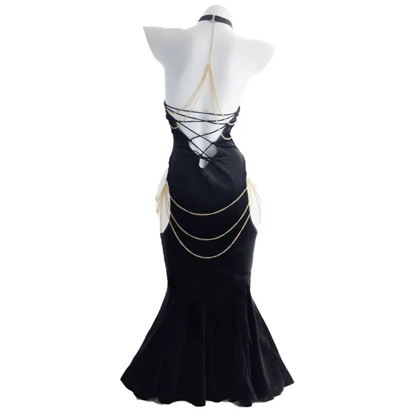 Anime Overlord Albedo Black Chain Evening Dress Cosplay Costume