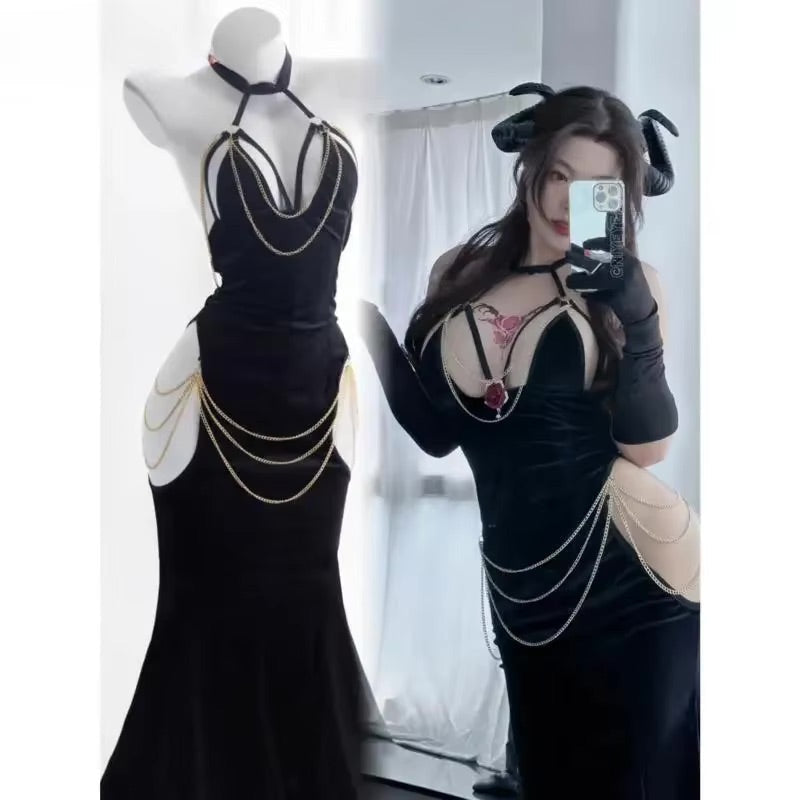 Anime Overlord Albedo Black Chain Evening Dress Cosplay Costume