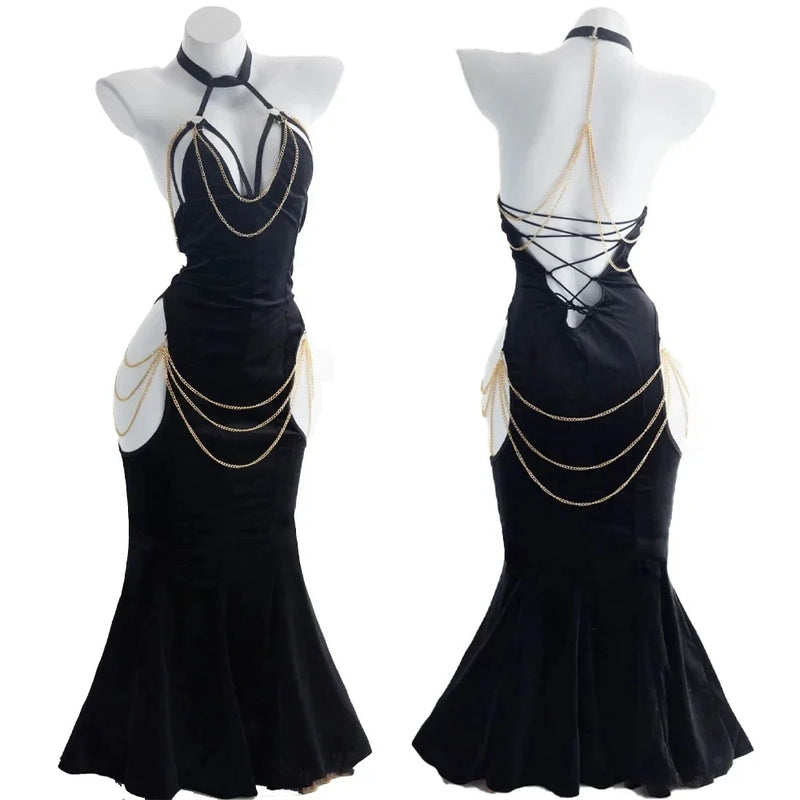 Anime Overlord Albedo Black Chain Evening Dress Cosplay Costume