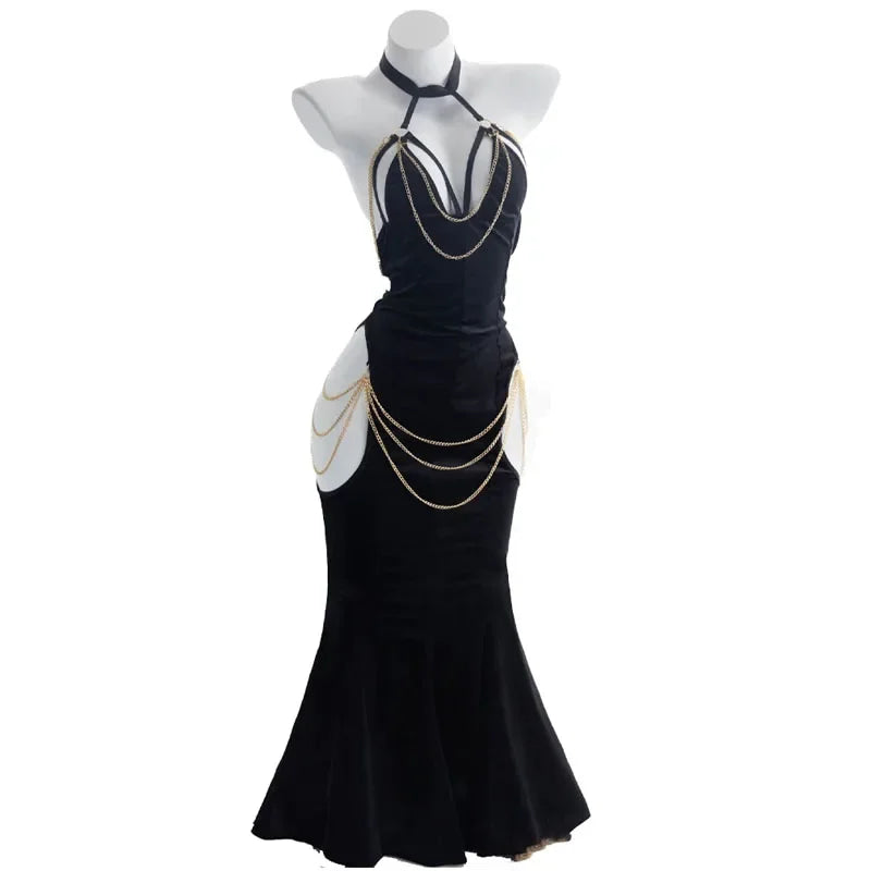 Anime Overlord Albedo Black Chain Evening Dress Cosplay Costume