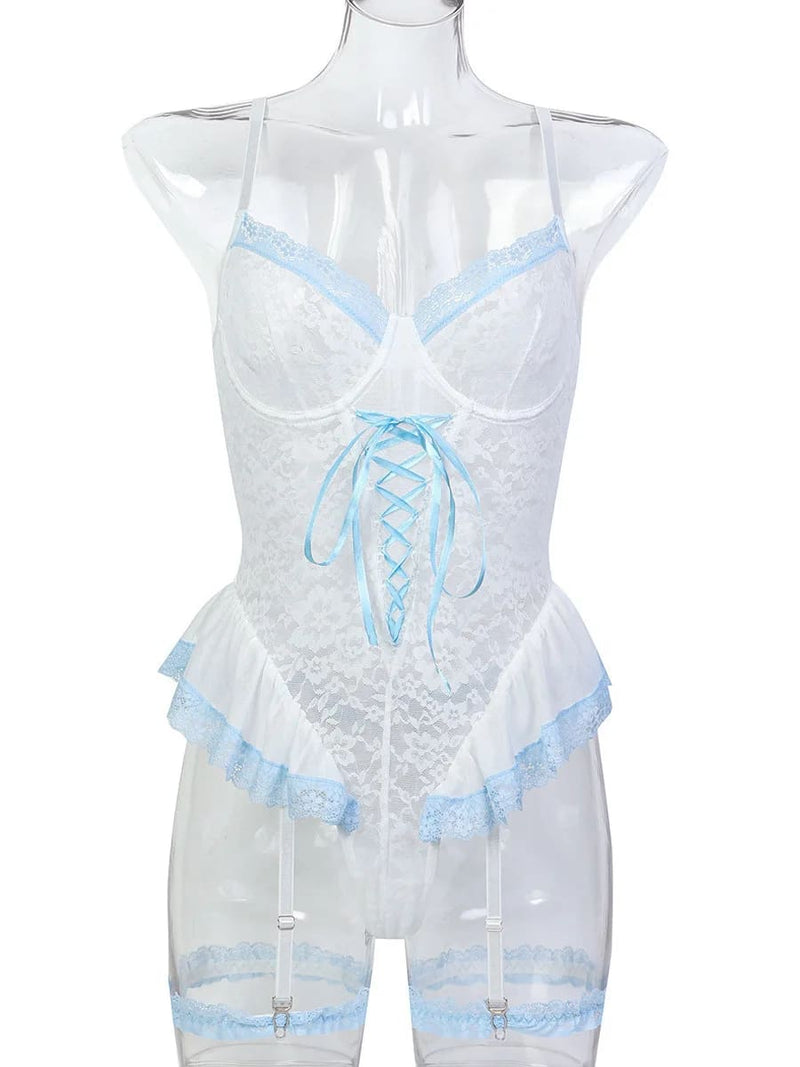 Baby Blues Lace Up One Piece Tutu Bodysuit Lingerie Set