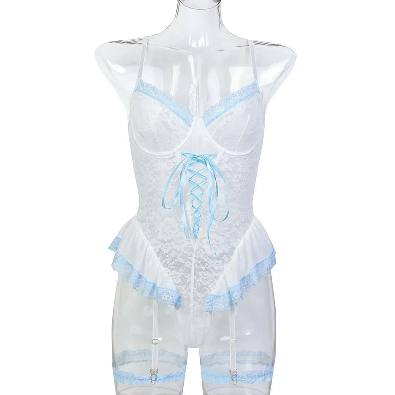 Baby Blues Lace Up One Piece Tutu Bodysuit Lingerie Set