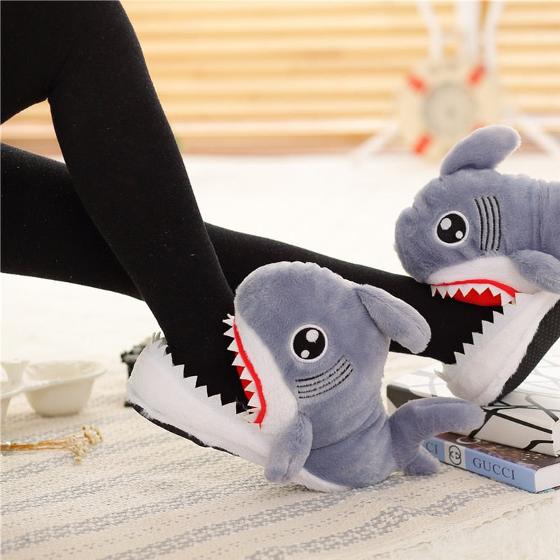 Baby Shark Slippers - 7 - baby shark, fish, furry, fuzzy, grey slippers