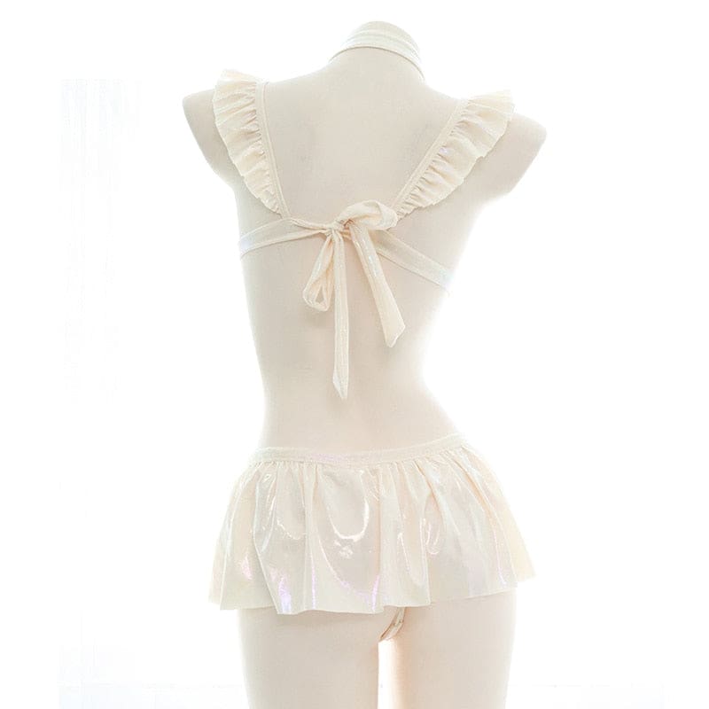 Beige Cream Ruffled Harness Lingerie Cosplay Set