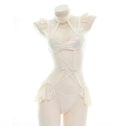 Beige Cream Ruffled Harness Lingerie Cosplay Set