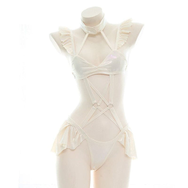 Beige Cream Ruffled Harness Lingerie Cosplay Set