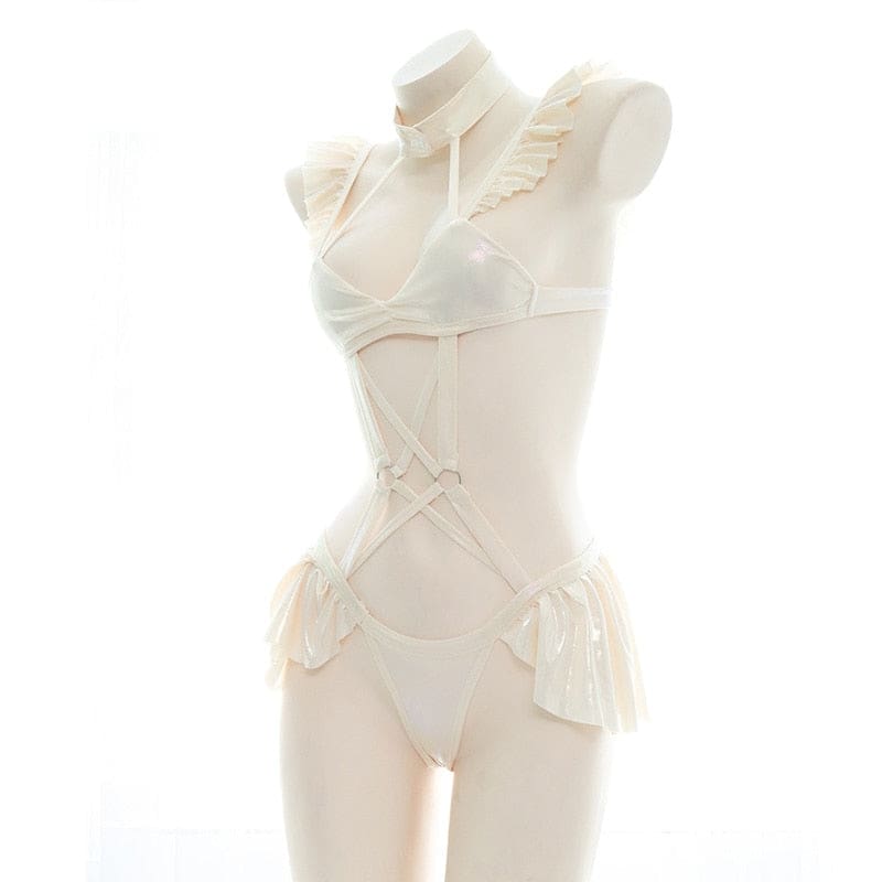 Beige Cream Ruffled Harness Lingerie Cosplay Set